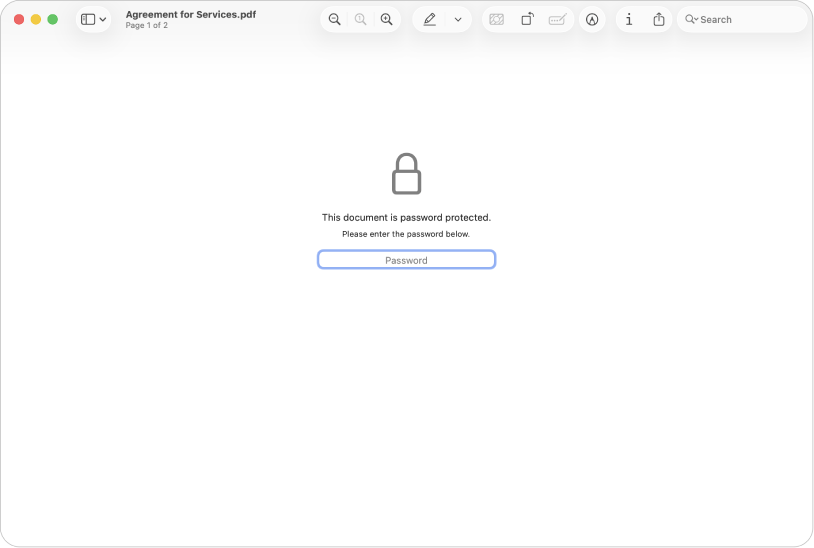 Un PDF protegido por contraseña mostrando un ícono de candado y un campo de texto para ingresar la contraseña que se necesita para abrir el archivo.