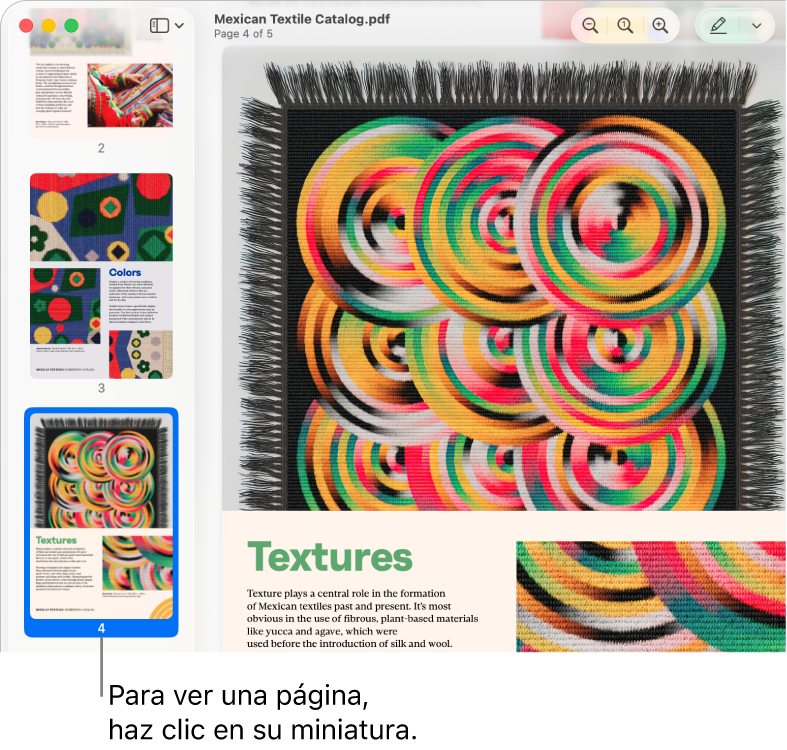 Se muestra un archivo PDF con miniaturas en la barra lateral.