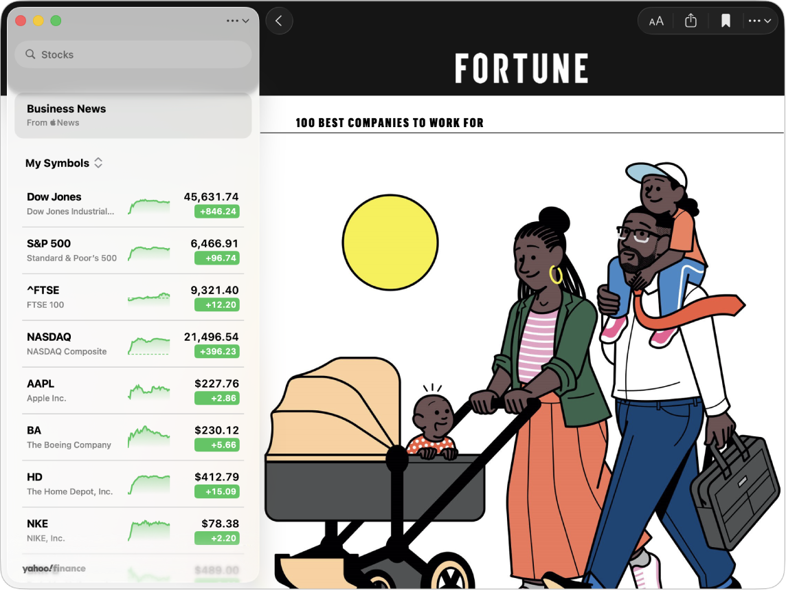 A Stocks window showing a top business news story.