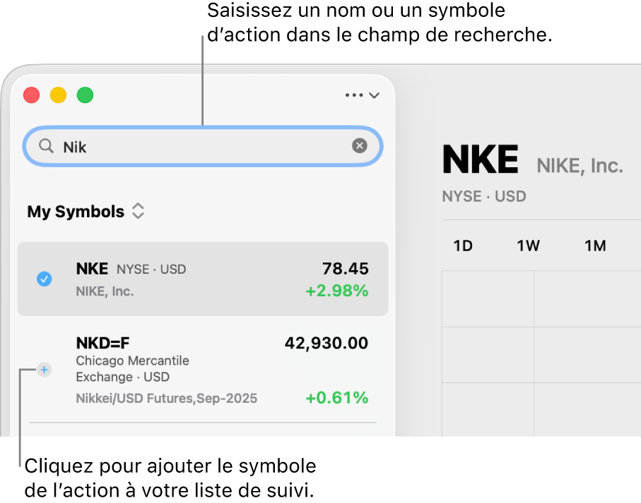 Une recherche dans Bourse avec deux résultats possibles en haut des résultats de la recherche.