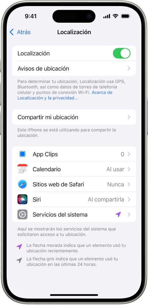 La pantalla Localización con la configuración para compartir la ubicación de tu iPhone con las apps.