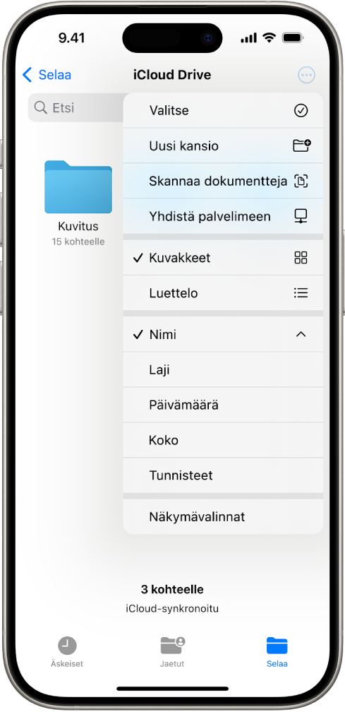 Tiedostot-appi, jossa on valittuna Lisää-painike. Näkyvässä valikossa ovat vaihtoehdot Valitse, Uusi kansio, Skannaa dokumentteja ja Yhdistä palvelimeen. Sen alapuolella ovat asetukset, joilla voi määrittää kohteiden esittämisen näytössä kuvakkeina tai luettelona. Alareunassa ovat lajitteluvaihtoehdot Nimi, Laji, Päivämäärä, Koko ja Tunnisteet ja niiden perässä Näkymävalinnat.