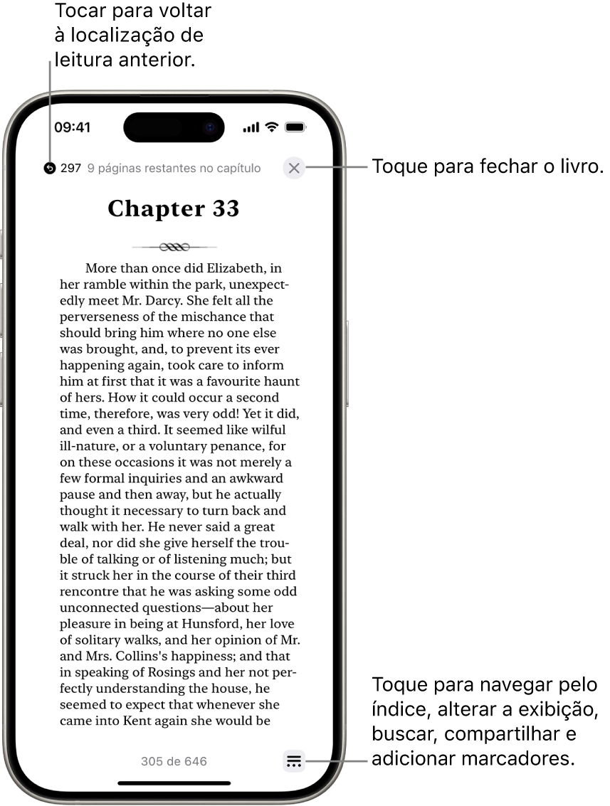 Página de um livro no app Livros. Na parte superior da tela há botões para voltar para a página onde você começou a ler e para fechar o livro. Na parte inferior direita da tela está o botão Menu.