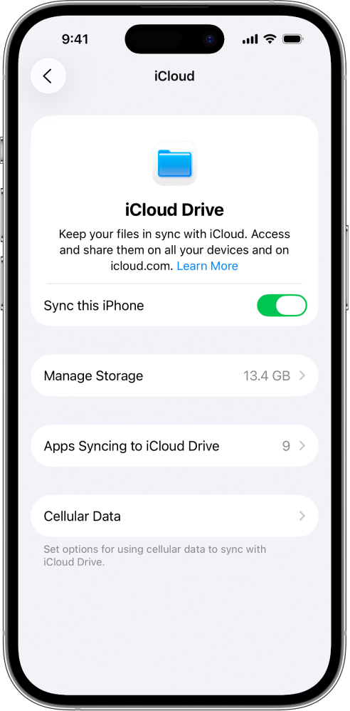iCloud Drive-skærmen i iCloud-indstillinger. Synkronisering af denne iPhone er slået til.