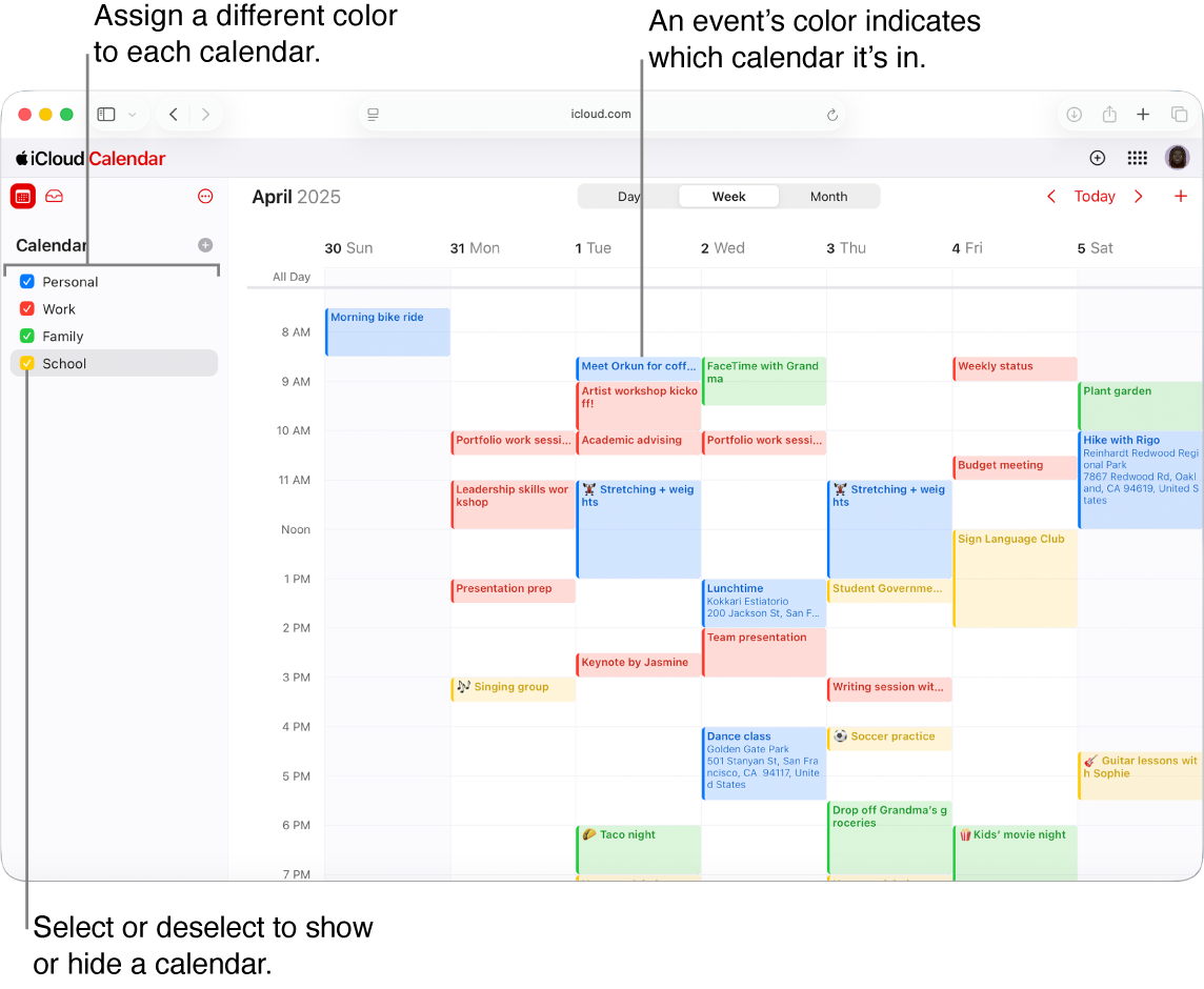 La ventana Calendario de iCloud.com con varios calendarios visibles. Se asigna un color diferente a cada calendario y el color de los eventos indica en qué calendario se encuentran.