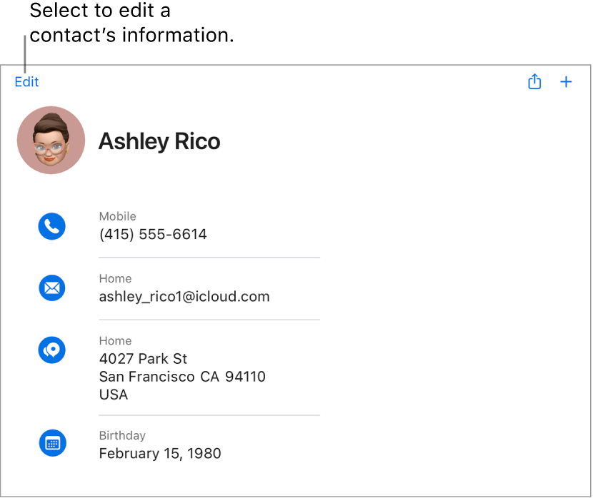 Egy kontaktkártya az iCloud.com webhelyen, melyen egy személy adatai, többek között a telefonszáma, az e-mail-címe, az otthoni címe és a születésnapja látható, valamint egy gomb is szerepel rajta az említett mezők szerkesztéséhez.