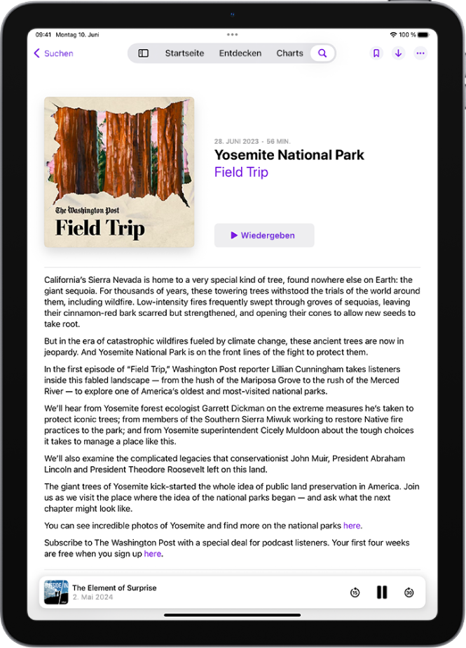Eine Folgenseite in der App „Podcasts“ zeigt die Wiedergabetaste und die Wiedergabesteuerung.