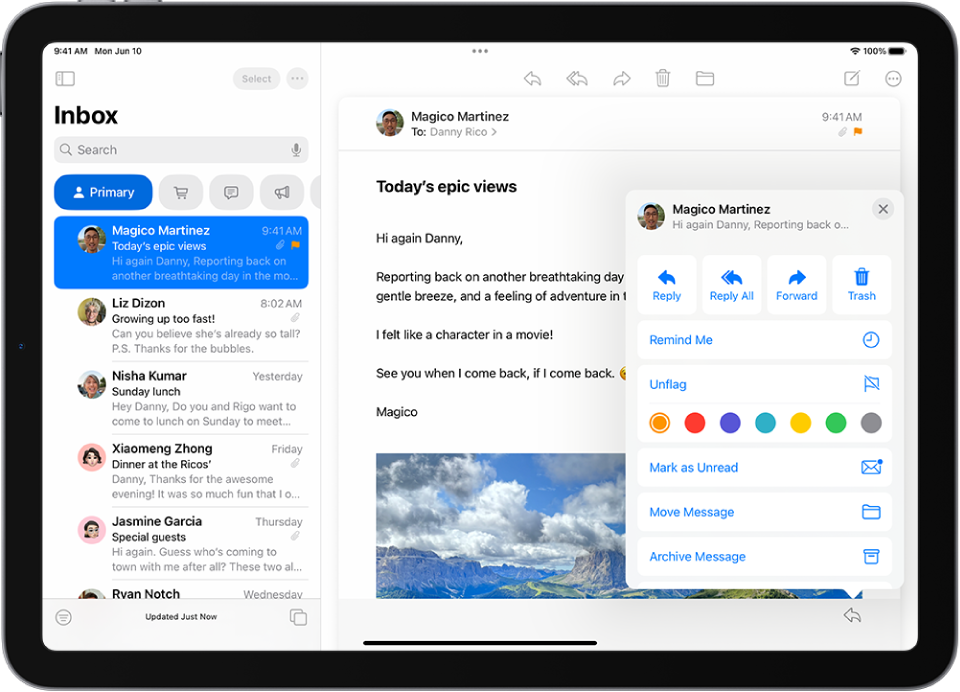 An open email. The menu with options for adding or removing a flag is shown on the right.