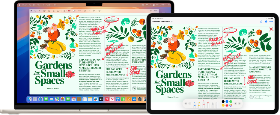 A MacBook Air and an iPad sitting side by side. Both screens display an article covered in scribbled red edits, such as crossed-out sentences, arrows, and added words. The iPad also has Markup tools at the bottom of the screen.