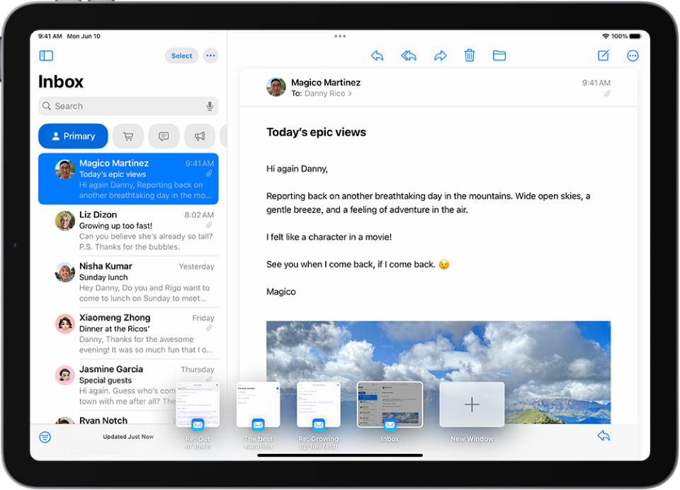 The Mail window showing the Primary message list on the left and five thumbnails of drafts across the bottom of the screen.