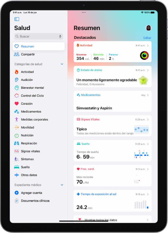 La pantalla Resumen de la app Salud. Debajo de Datos anclados se muestra la información sobre actividad, estado de ánimo, signos vitales, sueño, frecuencia cardiaca y tiempo de exposición a la luz del sol.