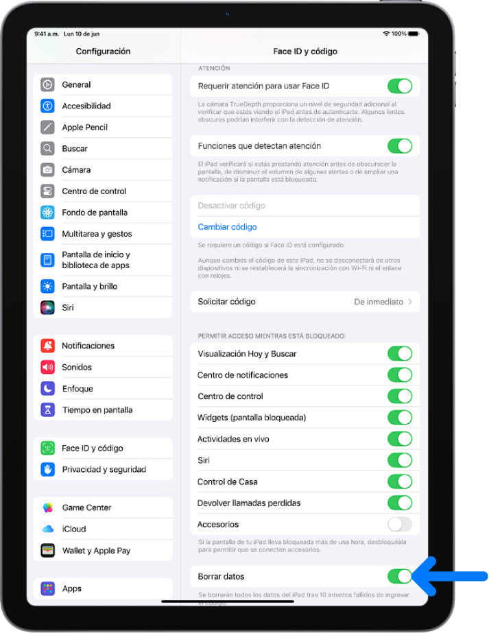 El control Borrar datos, ubicado al final de la pantalla Face ID y código en la app Configuración.