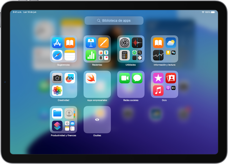Biblioteca de apps en el iPad con las apps organizadas en categorías (Entretenimiento, Productividad y finanzas, etc.).