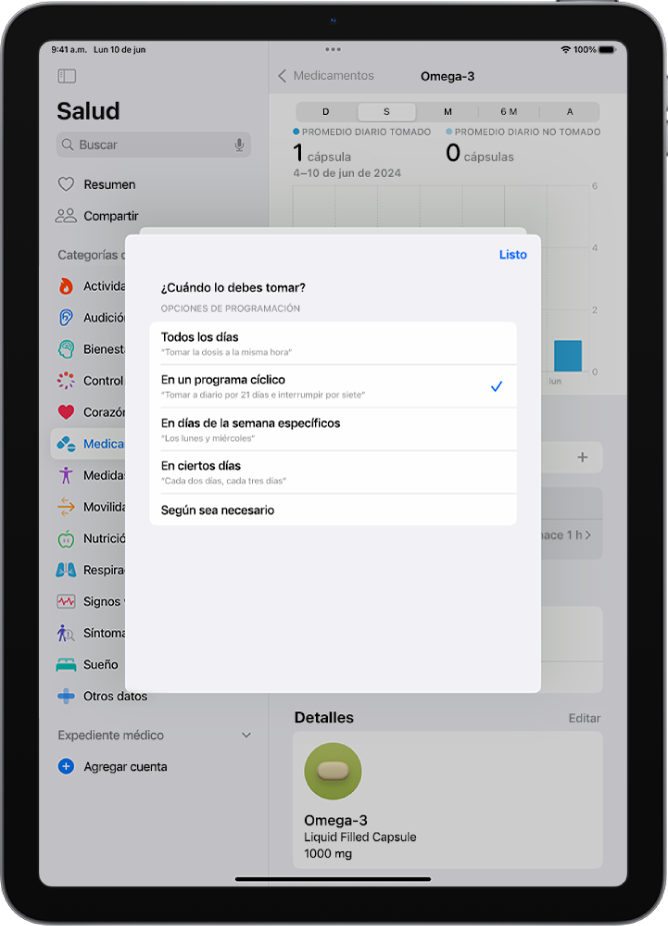 La pantalla de Medicamentos en la app Salud mostrando opciones para cambiar el programa de un medicamento.
