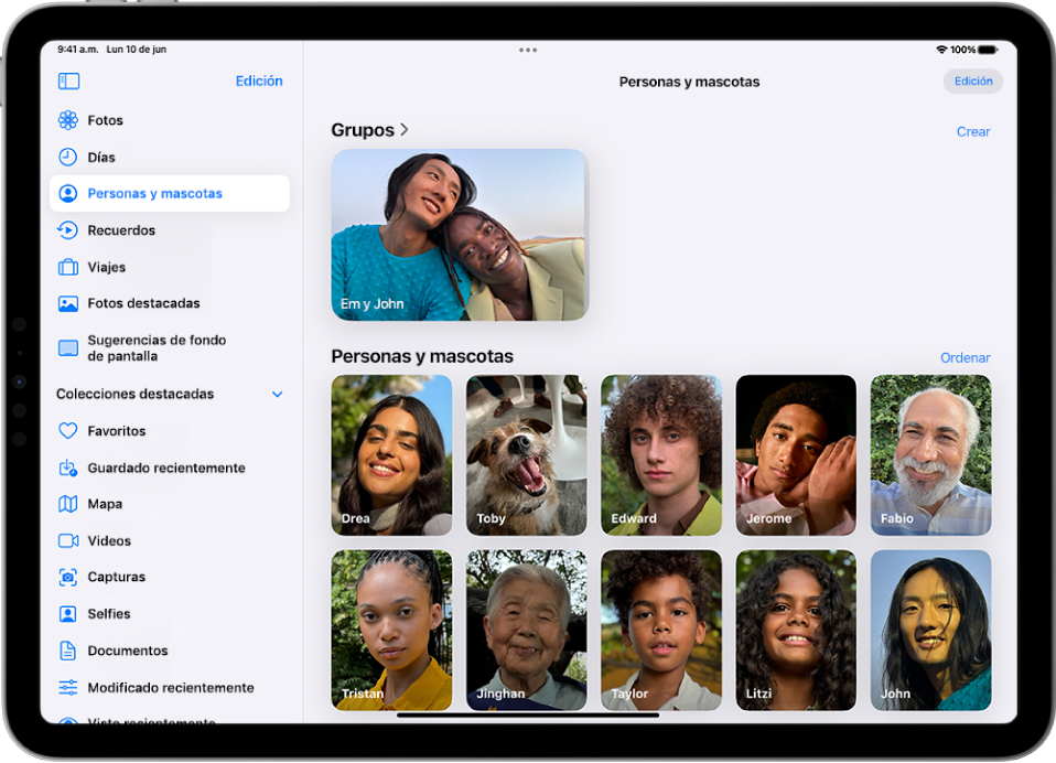 Una colección de personas abierta en la sección Personas y mascotas de la app Fotos con videos y fotos de esa persona.