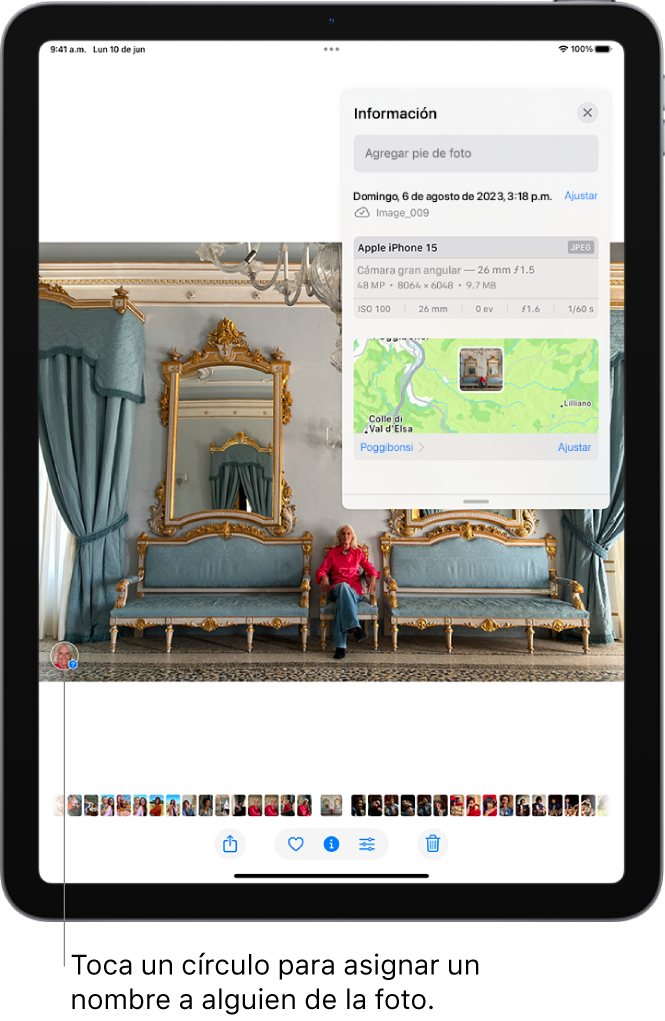 Pantalla del iPad con una foto abierta en la app Fotos. En la esquina inferior izquierda de la foto hay una miniatura con nombre de la persona que aparece en la foto.
