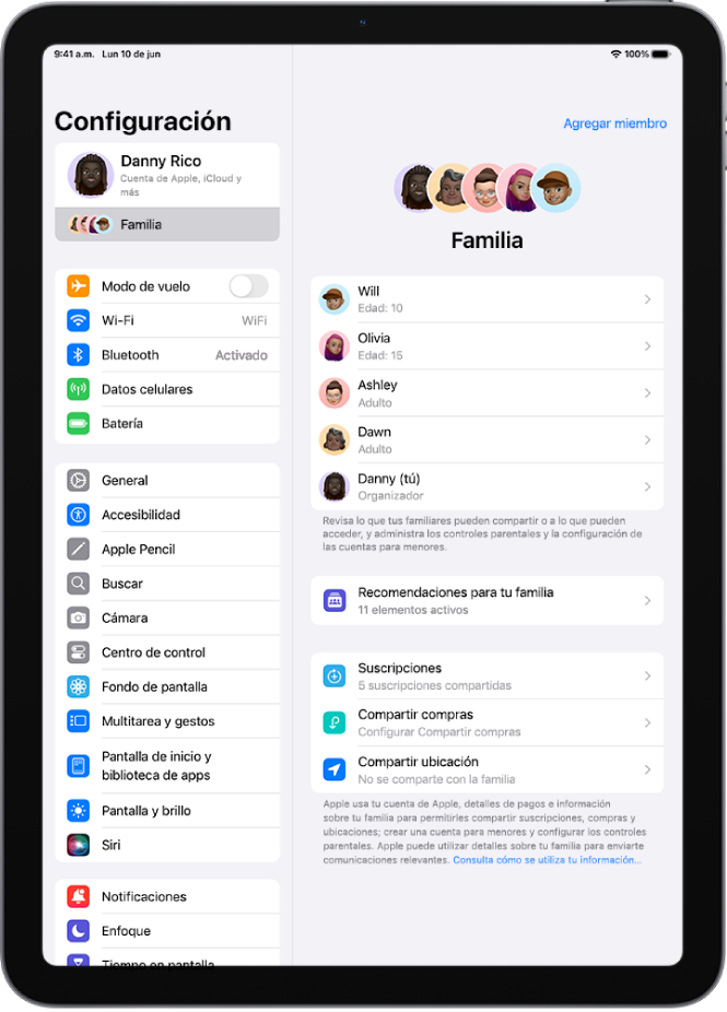 Pantalla Familia en Configuración. Arriba de las funciones que se comparten se indican hasta cinco miembros de la familia.