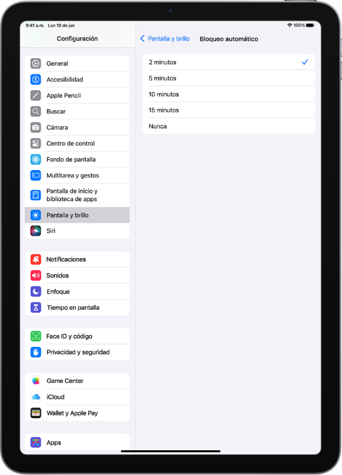 La pantalla Bloqueo automático con opciones para el tiempo que transcurre hasta que el iPad se bloquea automáticamente.