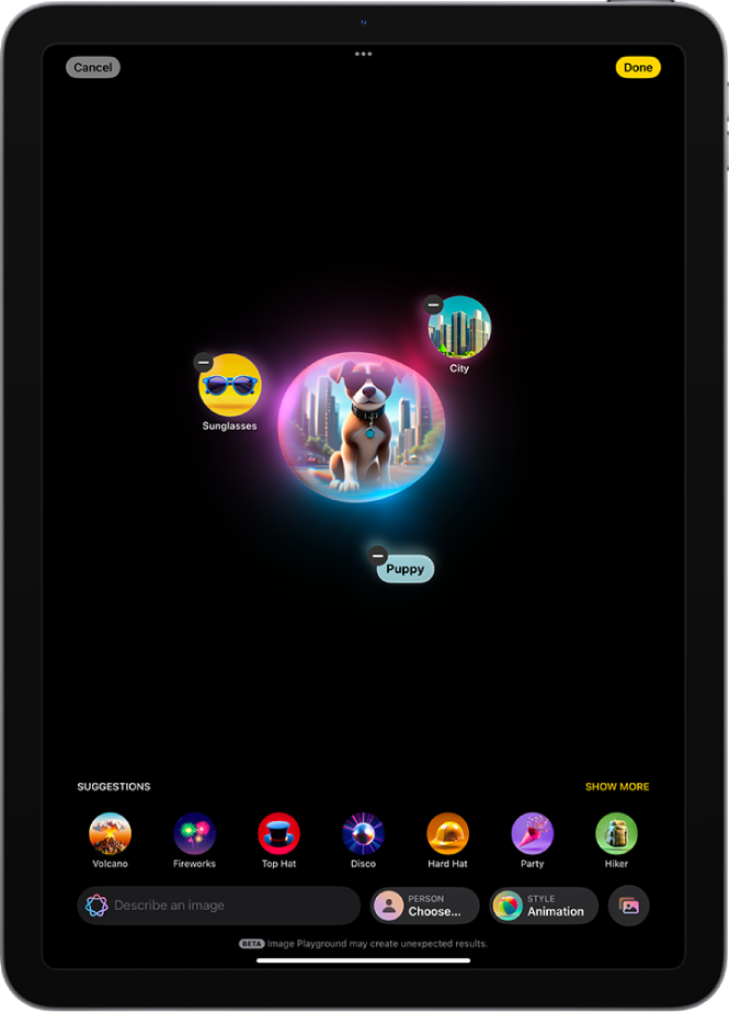 Appvinduet i Image Playground viser et opprettet bilde av en person som har kledd seg ut som en superhelt.