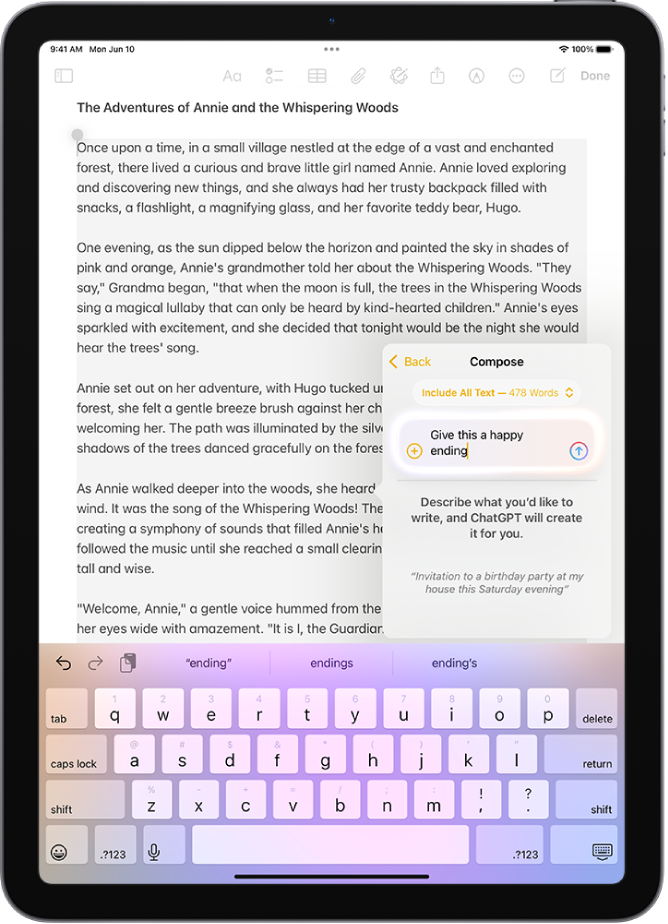 En iPad viser en historie som skrives i Notater-appen. Til høyre på skjermen vises Bruk med Skriveverktøy-dialogruten, som viser alternativer for å beskrive en endring, velge forslag fra ChatGPT og mer.