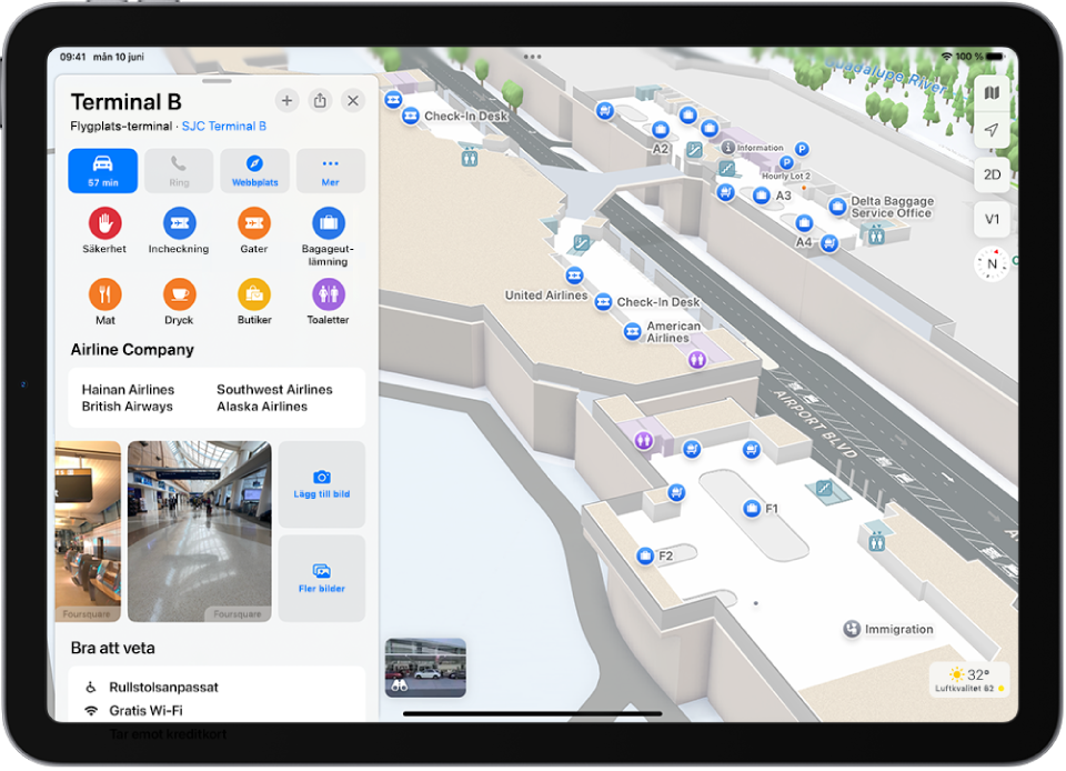 En inomhuskarta av en flygplatsterminal. Kartan visar en gate, toalett, en säkerhetskontroll och första hjälpen. Du kan ändra nivå i en karta med flera våningar med knappen märkt L2 (står för våning (level) 2).