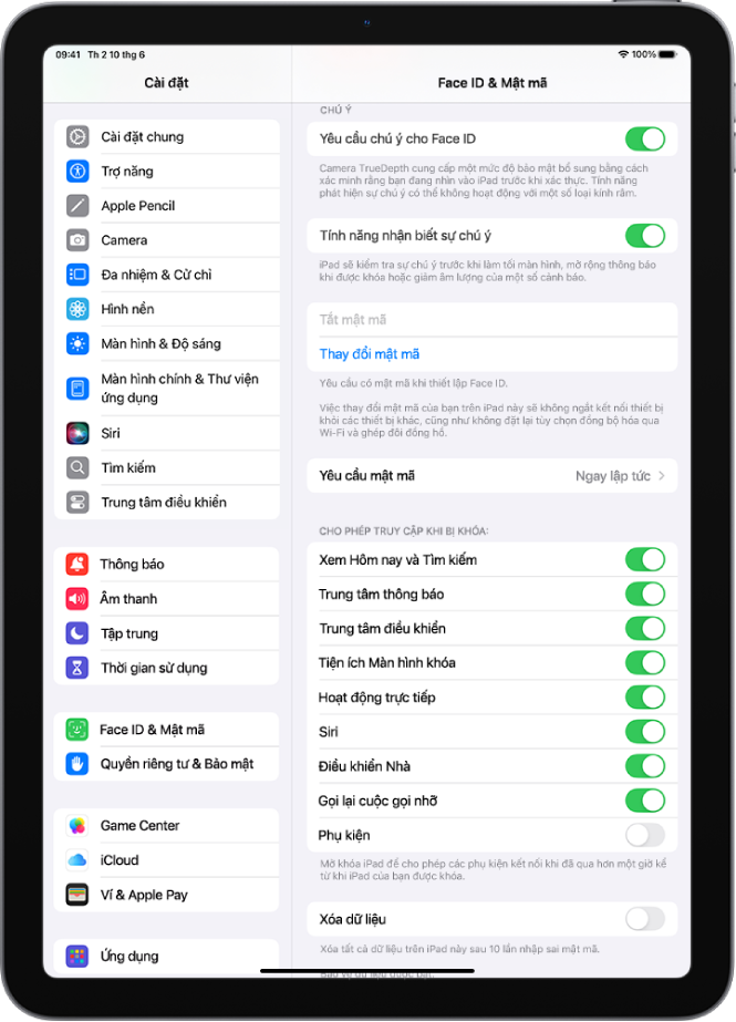 Cài đặt Face ID & Mật mã, với các tùy chọn để cho phép truy cập vào các tính năng cụ thể khi iPad được khóa.