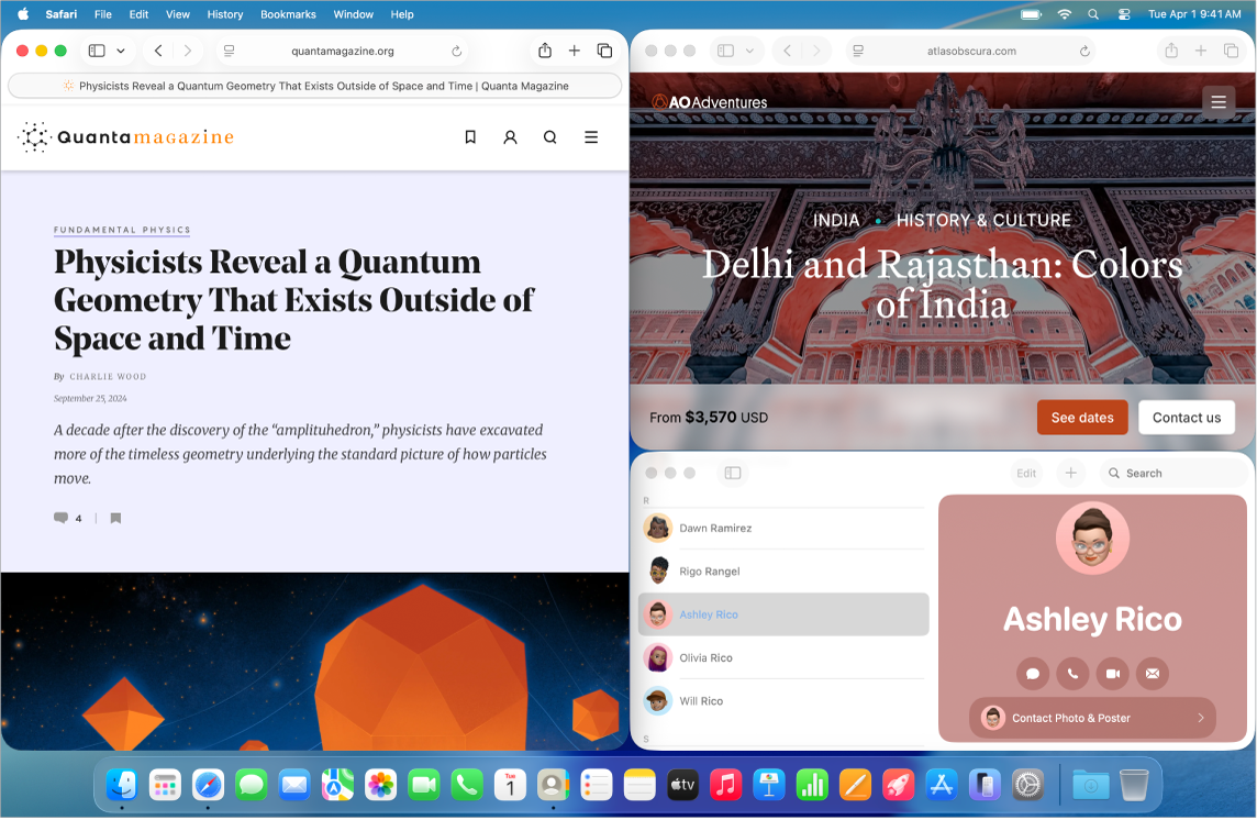 Tela mostrando o Safari à esquerda e os apps Safari e Contatos à direita.