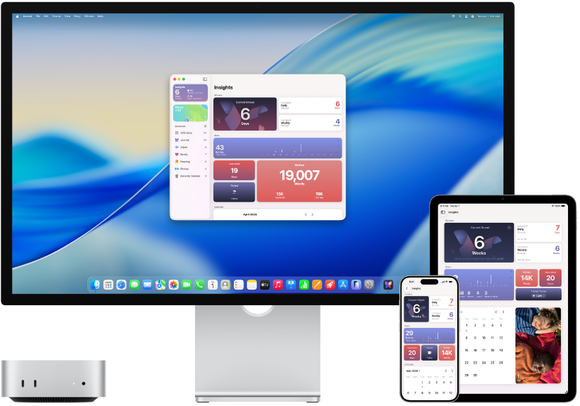 Mac&nbsp;mini muiden, samaa iCloud-sisältöä käyttävien, laitteiden vieressä.