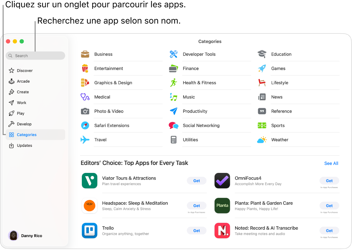 La fenêtre de l’App Store affichant le champ de recherche et les catégories d’apps.