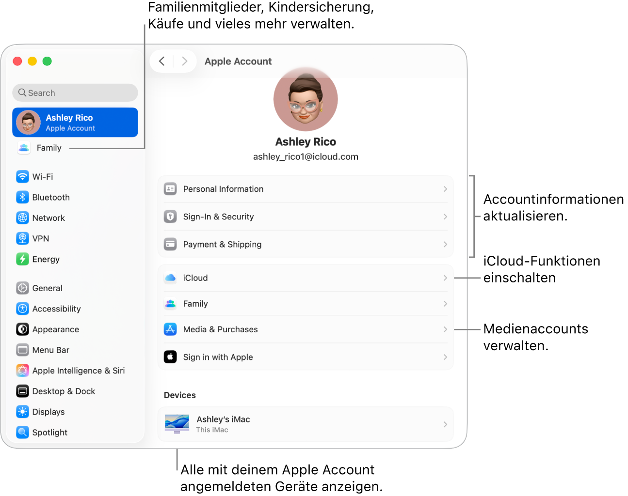 Die Einstellungen „Apple Account“ in den Systemeinstellungen mit Beschriftungen zum Aktualisieren der Accountinformationen, Ein- bzw. Ausschalten von iCloud-Funktionen, Verwalten von Medienaccounts und für die Funktion „Familie“, um Familienmitglieder, Kindersicherung, Käufe und mehr zu verwalten.