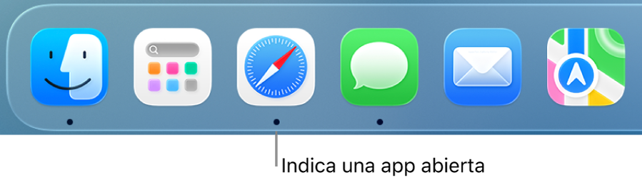 Una parte del Dock mostrando íconos de apps con un punto negro debajo.