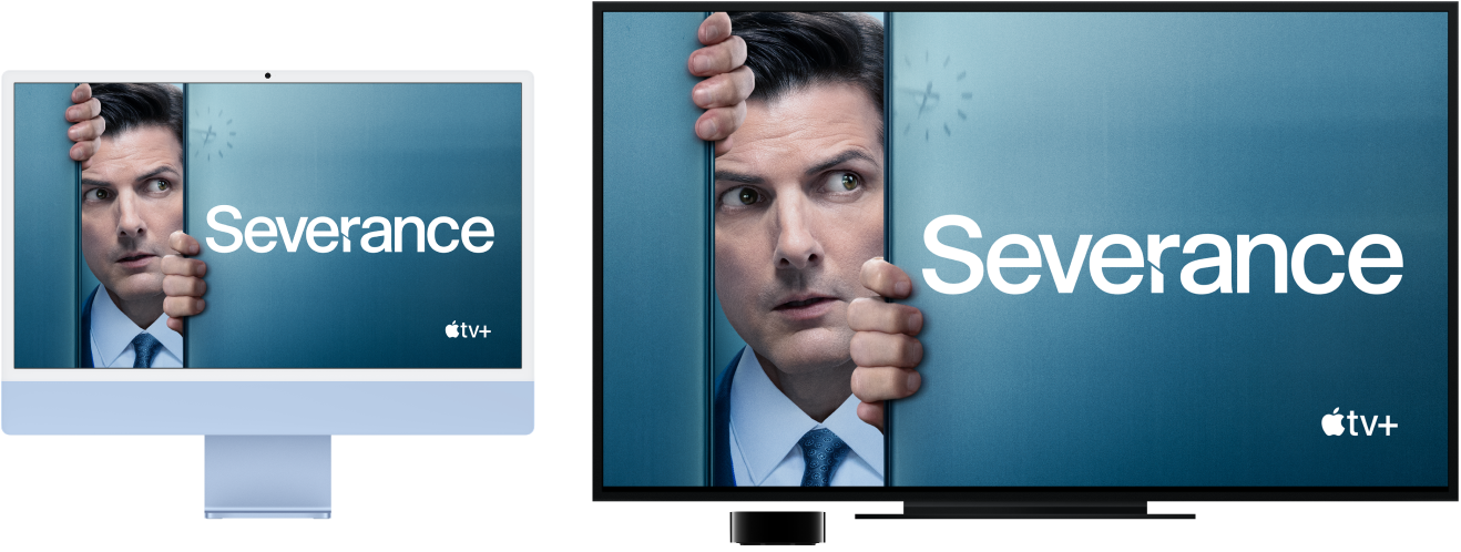 iMac con su contenido duplicado en un HDTV grande utilizando un Apple TV.