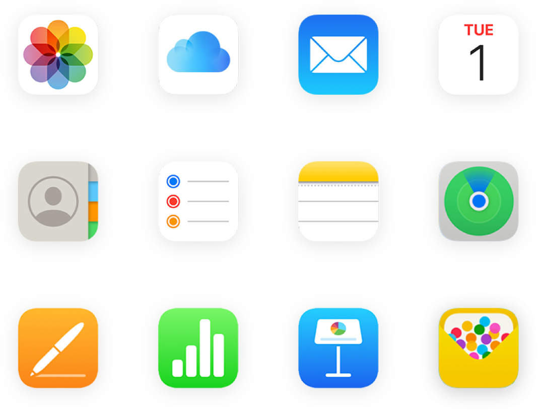 A grid of app icons including Photos, iCloud Drive, Mail, and more.