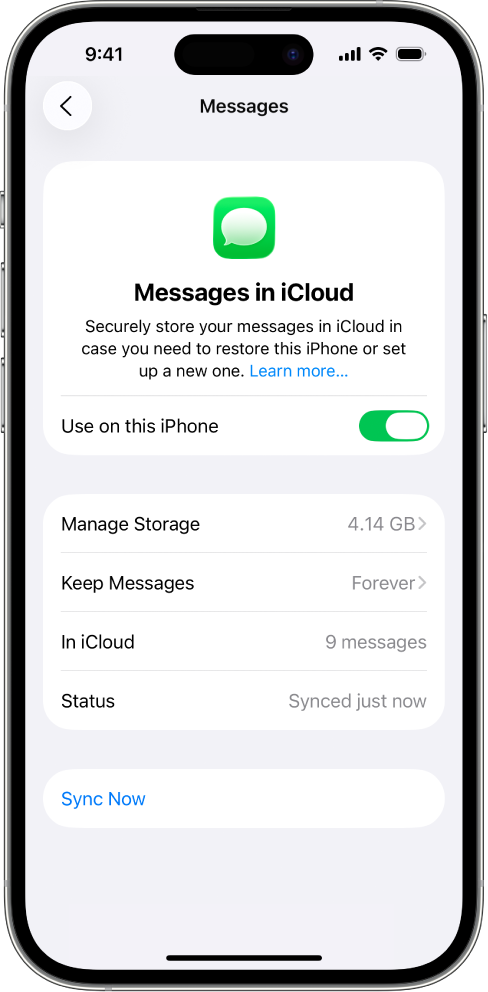 The Messages screen in iCloud settings. Sync this iPhone is turned on.