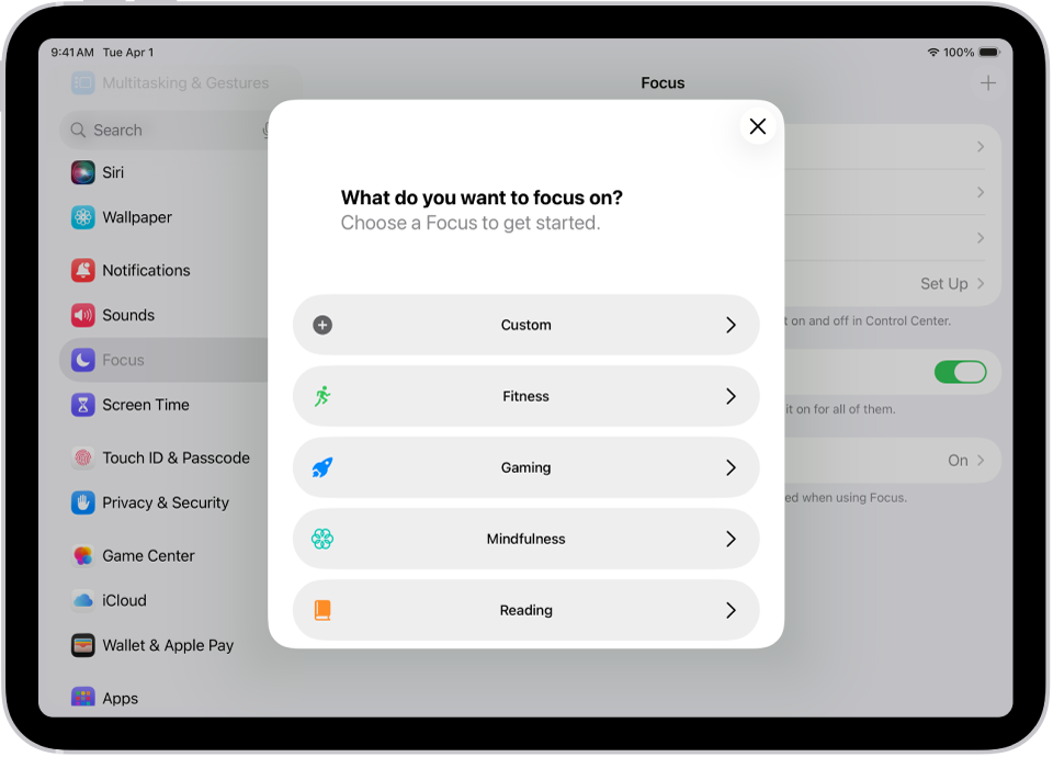 কাস্টম, ফিটনেস, গেমিং, মননশীলতা এবং পড়াসহ অতিরিক্ত প্রদত্ত ফোকাস অপশনের জন্য ফোকাস সেট আপ করার স্ক্রিন।