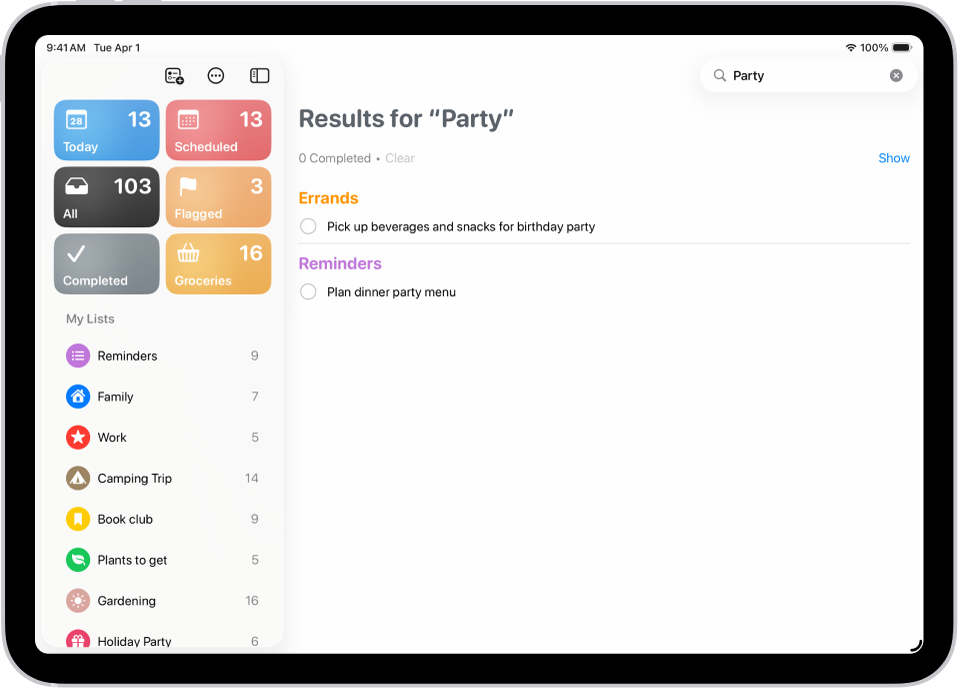 রিমাইন্ডার অ্যাপের সার্চ রেজাল্টে সেইসব টাস্ক দেখা যাচ্ছে যার মধ্যে “party” শব্দটি রয়েছে।