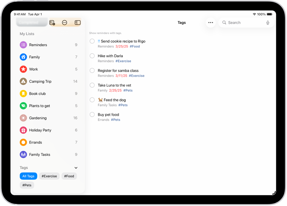 রিমাইন্ডার অ্যাপের স্ক্রিনের নিচের বাঁদিকে “ট্যাগ ব্রাউজার” অপশনটি দেখানো হয়েছে, যেখানে “সমস্ত ট্যাগ” অপশনটি নির্বাচন করা রয়েছে। ডানদিকে, যেসব আইটেমে ট্যাগ রয়েছে সেগুলির একটি তালিকা রয়েছে।