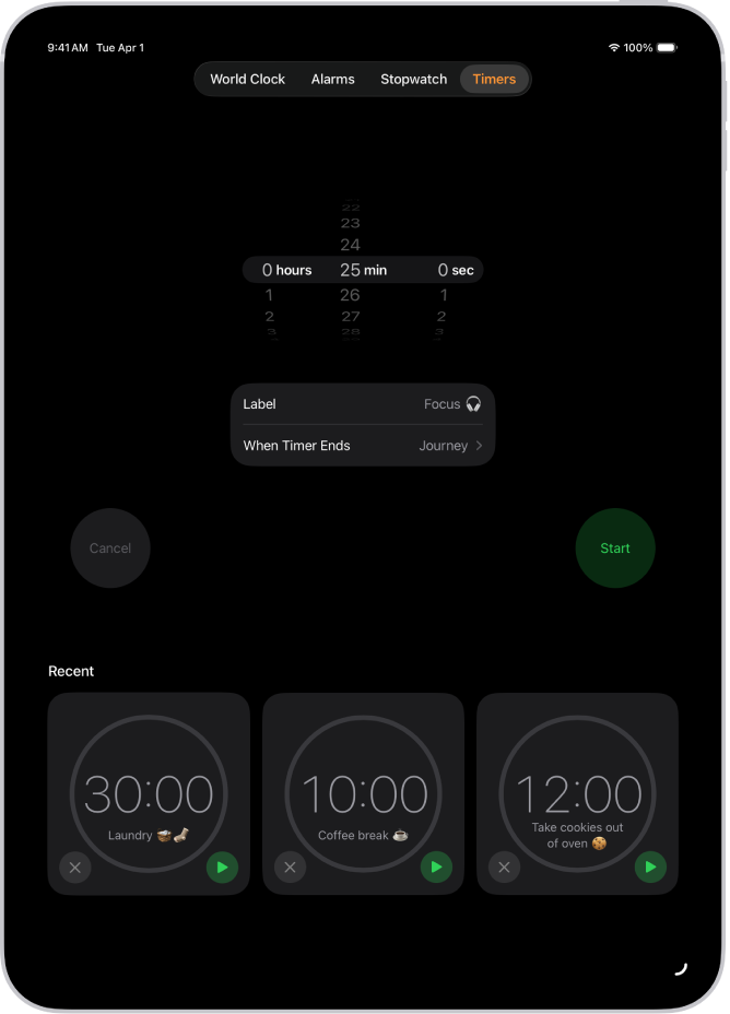 ટાઇમર સેટ કરવા માટે સેટિંગ્સ બતાવતું ટાઇમર ટૅબ. ટાઇમર સેટિંગ્સની નીચે તાજેતરમાં બનાવેલું ટાઇમર. વિશ્વ ઘડિયાળ, અલાર્મ, સ્ટૉપવૉચ અને ટાઇમર બટન નીચેની બાજુએ છે.
