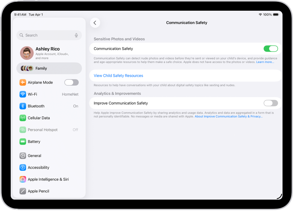 فیملی میں کسی بچے کے لیے مواصلاتی تحفظ کی اسکرین جس میں دکھایا جا رہا ہے کہ مواصلاتی تحفظ چالو ہے۔