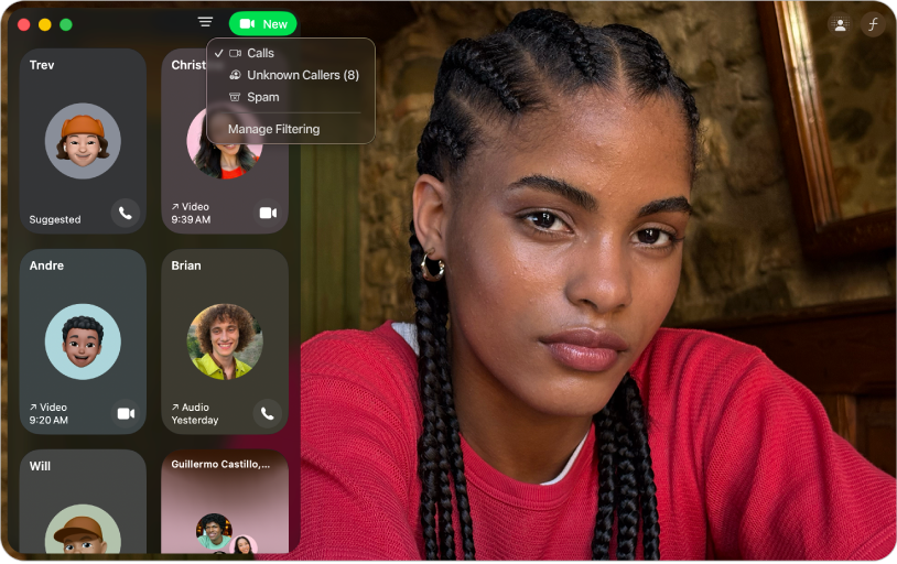 Una ventana de FaceTime que muestra el historial de llamadas. El menú de filtro de llamadas está abierto en la parte superior central.