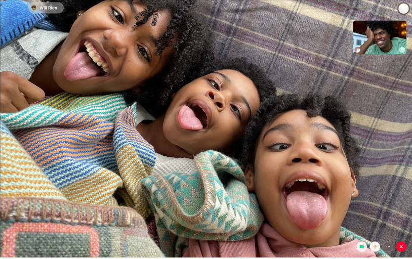 视频通话期间的 FaceTime 通话窗口。一位参与者显示在右上角的方块中，其他参与者位于窗口的主要部分中。