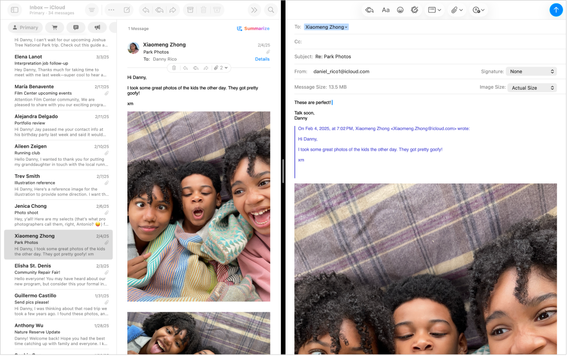 Liste des messages à côté d’une fenêtre de rédaction en Split View.