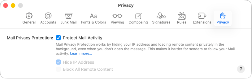 Panoul Intimitate în Configurări Mail.