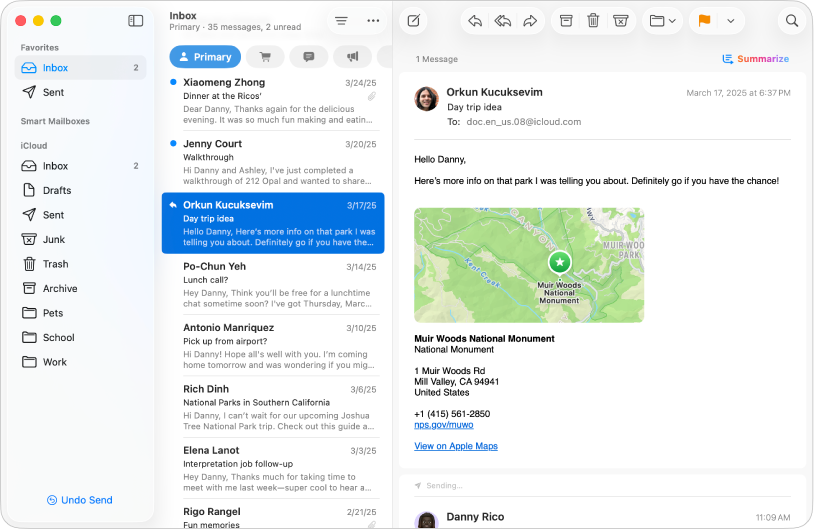 O fereastră Mail prezentând diferite cutii poștale în bara laterală.