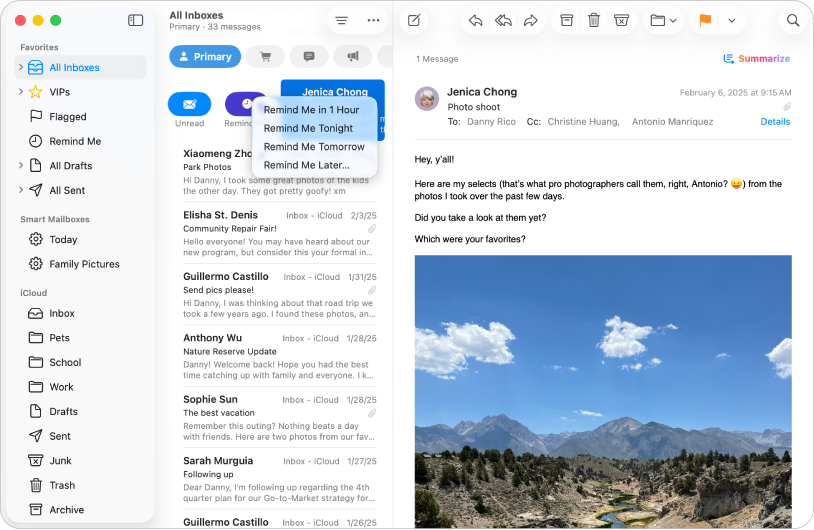 O fereastră Mail afișând diverse opțiuni de reamintire.