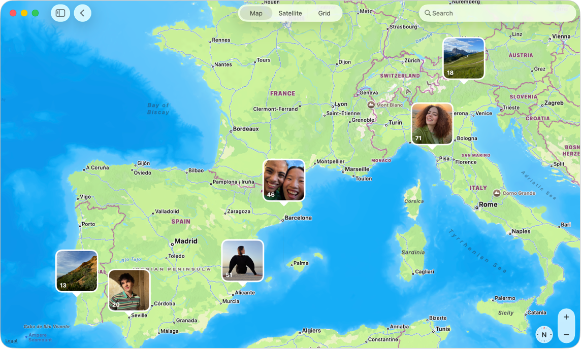 The Photos window showing a map with photo thumbnails grouped by location.