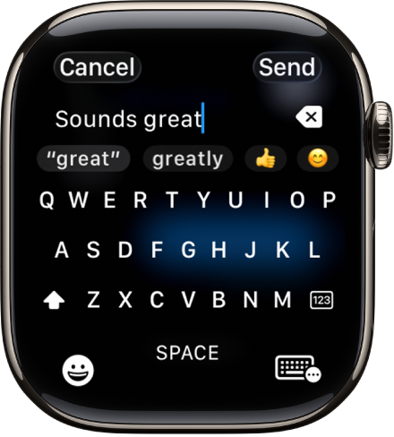 Obrazovka s textovým polem, ve kterém je vidět zpráva napsaná na klávesnici na obrazovce. Dole se nacházejí tlačítka Emotikony a Klávesnice na obrazovce.