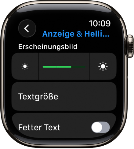 Die Einstellung „Anzeige & Helligkeit“ auf der Apple Watch: Oben befindet sich der Regler „Helligkeit“ und darunter die Taste „Textgröße“.