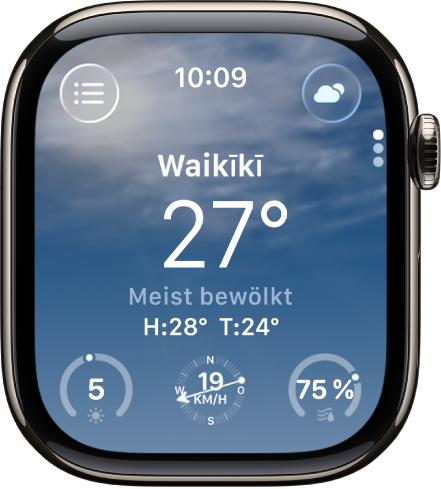 Die App „Wetter“ mit einer Übersicht über das Wetter des Tages. Der Name des Orts wird über der aktuellen Temperatur angezeigt. Unten befinden sich drei Tasten – „UV-Index“, „Windgeschwindigkeit“ und „Niederschlag“. Oben links befindet sich die Taste „Ortsliste“ und oben rechts die Taste „Wetterbedingungen“.