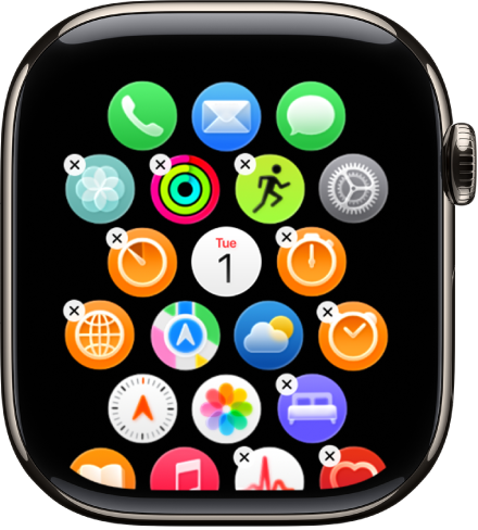 The Arrangement screen in the Apple Watch app showing a grid of icons.